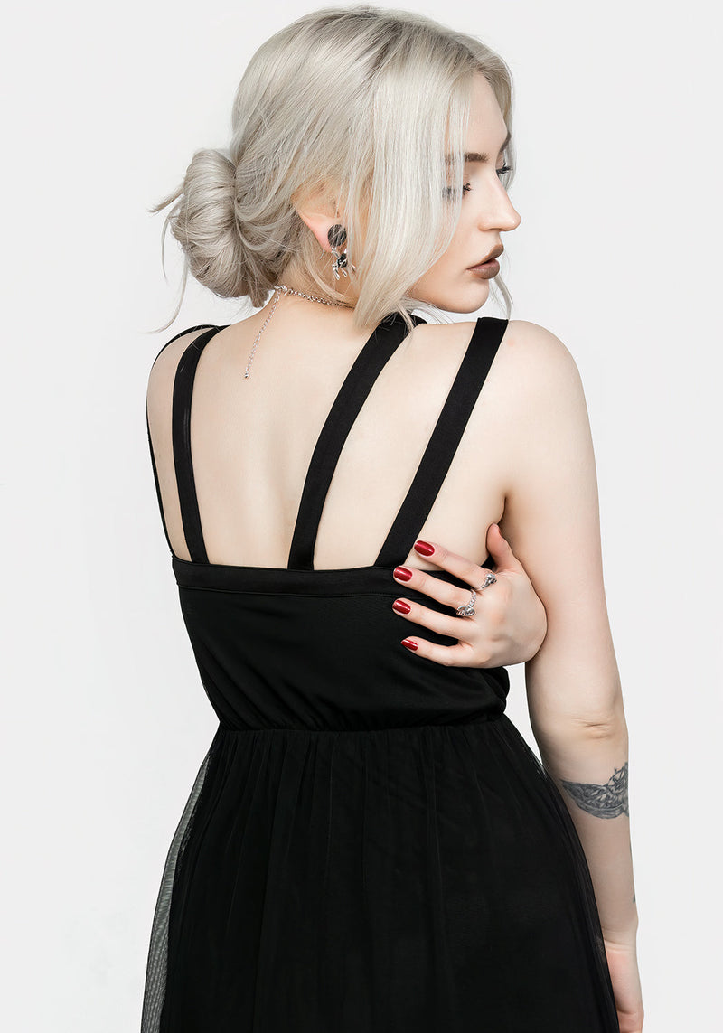 Black Sleeveless Contrast Mesh Maxi Stretch Dress