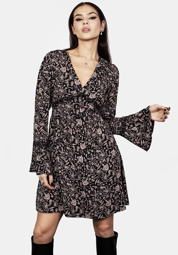 Mycophile Mushroom Print Mini Ruffle Dress